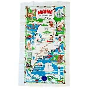 Vintage Stevens Linen Maine Pine Tree State Handprint Vintage Souvenir NWT